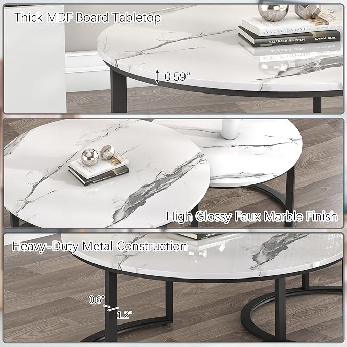WiberWi Round Coffee Table Nesting Tables Set of 2, Large : Ø 33.5", Small : Ø 25.7", Modern Design Coffee Tables for Living Room, Metal Frame Circle Cocktail Table, High Glossy Faux White Marble