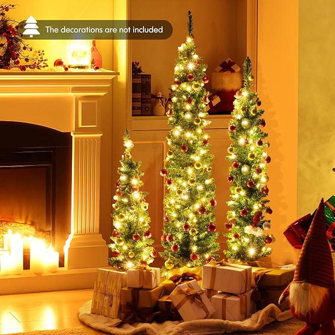 GOFLAME Set of 3 Pre-Lit Christmas Trees, Pencil Artificial Christmas Trees 3Ft, 4Ft and 5Ft with Warm White LED Lights, Burlap Base, Seasonal Holiday Decoration Tree for Home Party