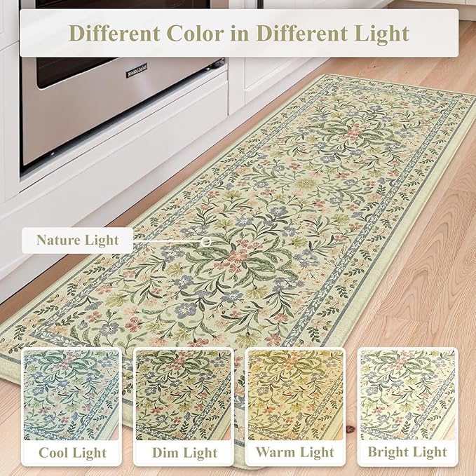 Collive Kitchen Mats for Floor 2PCS, Cushioned Anti Fatigue Rugs Non Slip Waterproof Kitchen Sink Mat, Floral Comfort Standing Mat for Bar, Office, Desk, Home Decor, Beige 20" x 47" + 20" x 32"