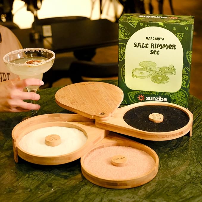 Margarita Salt Rimmer Set | 3-Tier Bamboo Salt Rimmer for Cocktails | Bartender Accessories & Home Bar Gift | Complete Margarita Kit