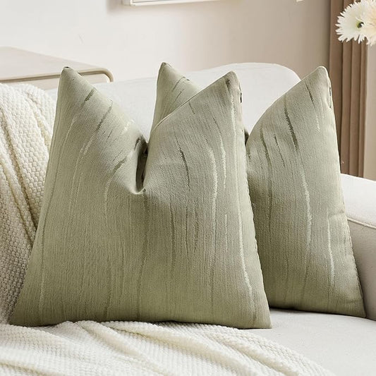 FUTEI Olive Green Chenille Decorative Throw Pillow Covers 16x16 Inch Set of 2,Soft Embossed Striped Textured Cushion Case,Modern Home Decor for Couch Bed Living Room