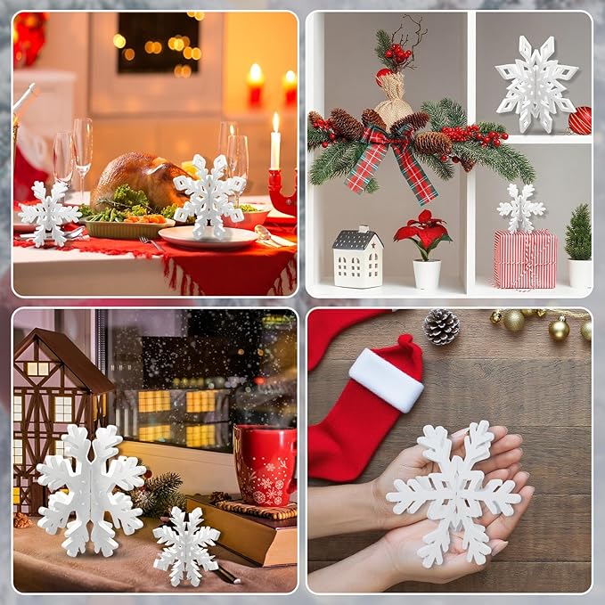 48 Pcs Wooden Snowflakes Table Decor 3D Snowflake Tabletop Signs Centerpiece for Christmas Xmas Winter Wonderland Decorations Home Party(White)