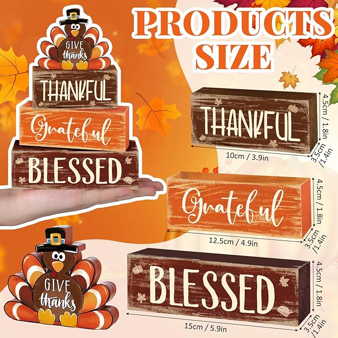 4 Pcs Thanksgiving Decor for Home Funny Turkey Wooden Signs with Hat Thanksgiving Fall Tiered Tray Decor Turkey Tabletop Centerpiece Thankful Block Signs for Office Kitchen Shelf
