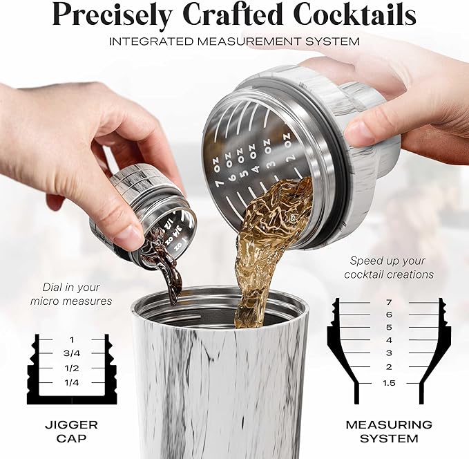 Insulated Cocktail Shaker Set | Double Wall Stainless Steel | Martini Shaker for Home Bar Bartending | Built-in Drink Measurement System & Strainer, Travel Bag, 35 Recipes | Gift Set (Marble)