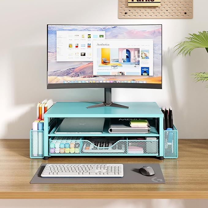 Desk Organizers and Accessories, 2-Tier Computer Monitor Stand Riser with Drawer and 2 Pen Holders, Laptop Stand, Office Desk Accessories for Office Supplies, Teal Blue