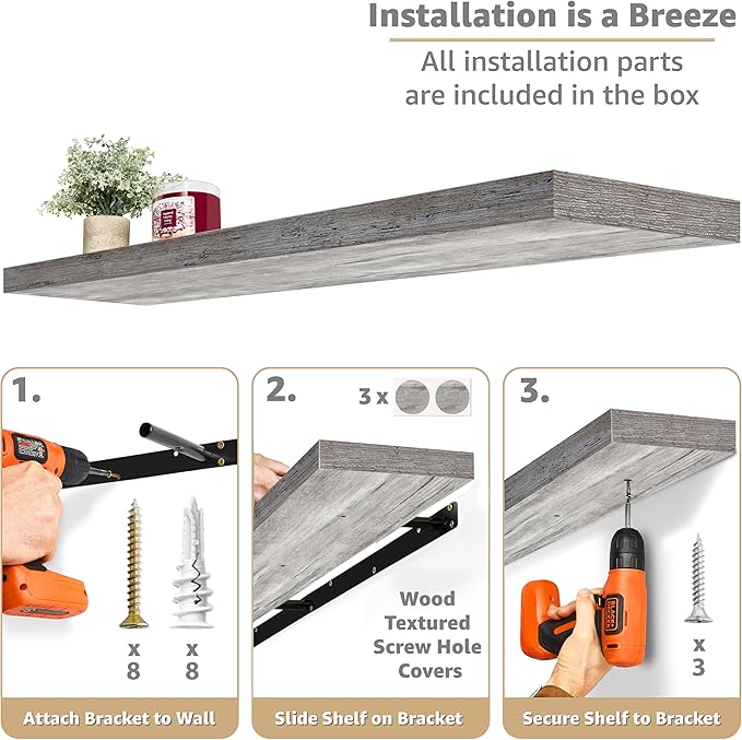 Sorbus Floating Shelves for Wall - 55 Inch Extra-Long Bathroom Shelves, Wall Decor for Bedroom, Kitchen, Living Room, Book Storage - Mounted Floating Shelf with Hidden Brackets (Gray, 3 Pack)