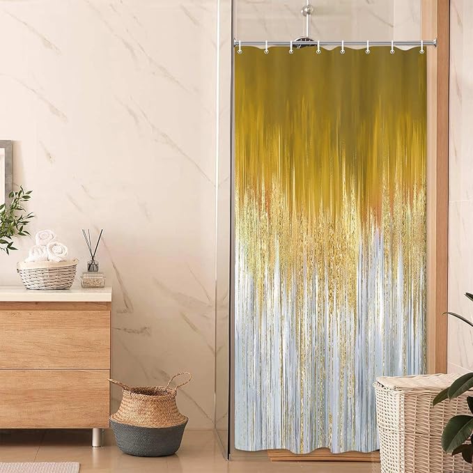 JAWO Abstract Blue Gold Shower Curtain, Marble Boho Ombre Minimalist Chic Art Shower Curtains, Modern Neutral Contemporary Striped Brush Strokes Tan Art Waterproof Bathroom Curtain with 12 Hooks