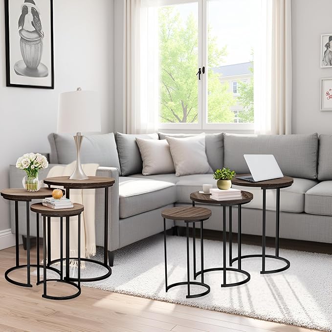 Lavish Home 6-Piece Nesting Tables – Set of 6 Round Side Tables with Woodgrain-Look Tops and Black Metal Frames – Modern Accent & End Table Set for Living Room, Bedroom, or Home Office (Gray/Brown)