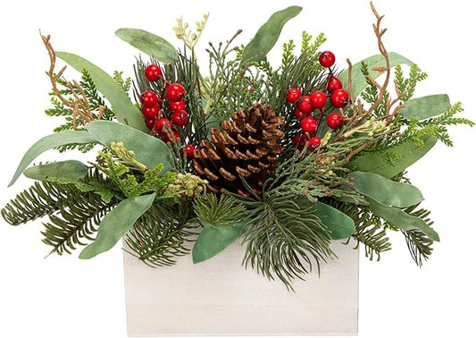 Christmas Centerpieces 8 Inch Artificial Christmas Plant in Rectangular Wooden Pot Tabletop Pine Plants with Red Berries Pine Cones Eucalyptus for Winter Holiday Party Fireplace Mantel Xmas Decor