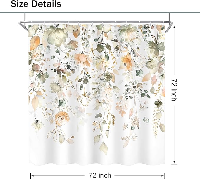 Green Yellow Floral Shower Curtain 72Wx72L Inch Summer Watercolor Sage Flower Eucalyptus Leaves Botanical Country Pretty Bathroom Set Plant Bath Curtain Bathtub Accessories Home Decor