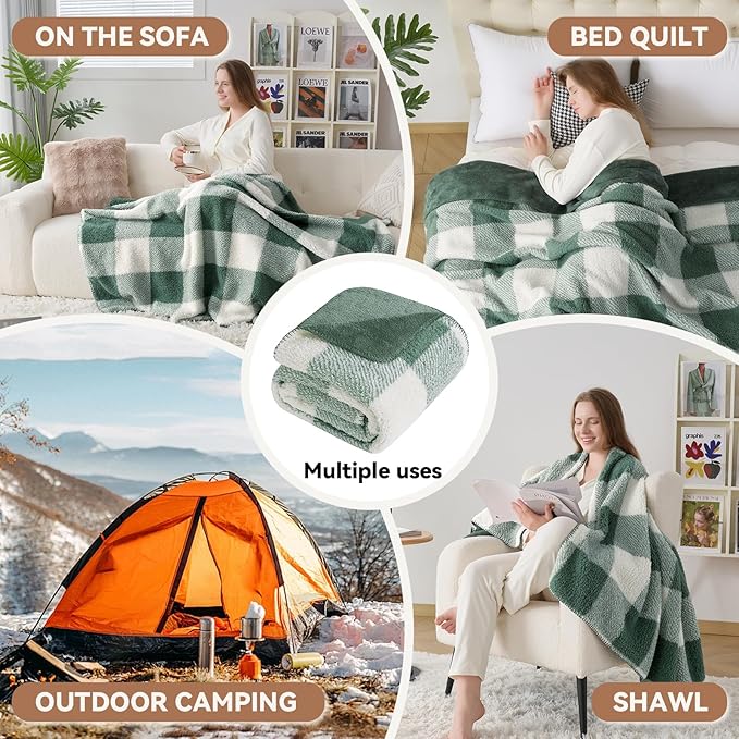 LURKA Checkered Sherpa Fleece Throw Blanket - Extra Thick and Warm Winter Soft Fuzzy Plush Blanket for Couches, Beds & Pets, Sage, 50x60 Inches