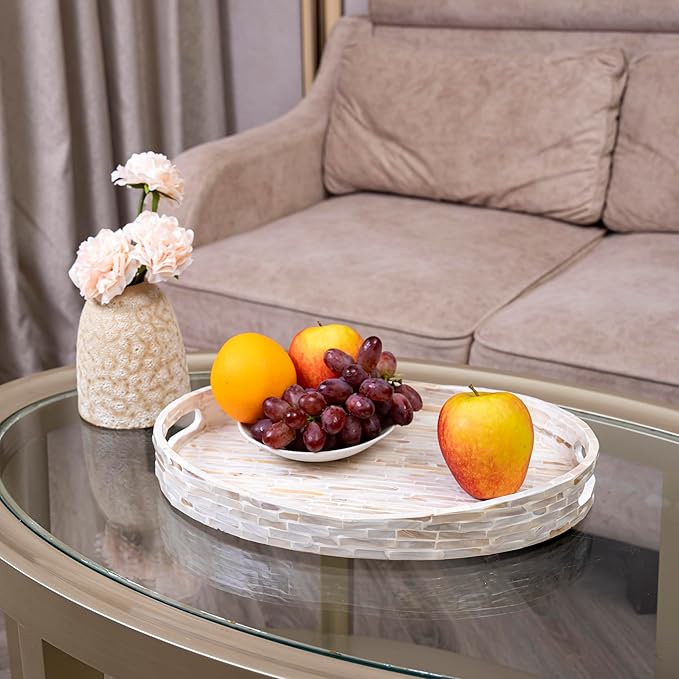 PEMAR 15.7"x11.8" Oval Mother of Pearl Serving Tray, Decorative Ottoman Tray for Living Room, Coffee Table, Breakfast in Bed, Candle Display (White Cream)