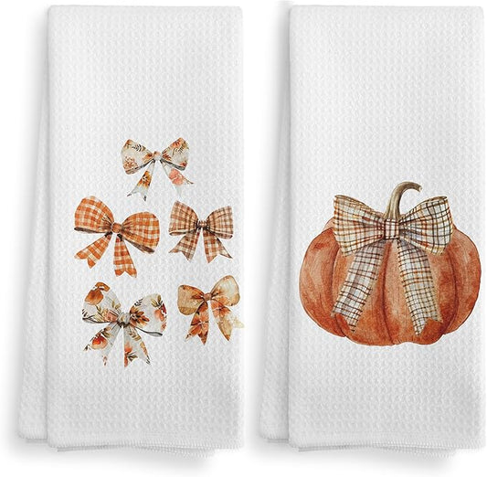 Fall Bow Kitchen Towels and Dishcloths Set of 2, Pumpkin Decor, Bathroom Hand Towels, Preppy Drying Cloth for Girls Dorm Kitchen, 1624Inch