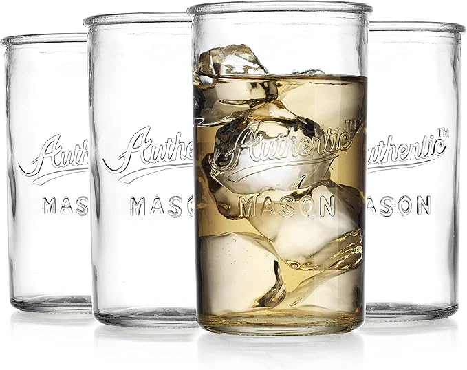 Glaver's Drinking Glasses – Set of 4 Authentic Mason Vintage Glassware – Clear Glass Tumblers for Cocktails, Water, Juice – Embossed Vintage Drinking Glasses (Highball 18 oz 7983)
