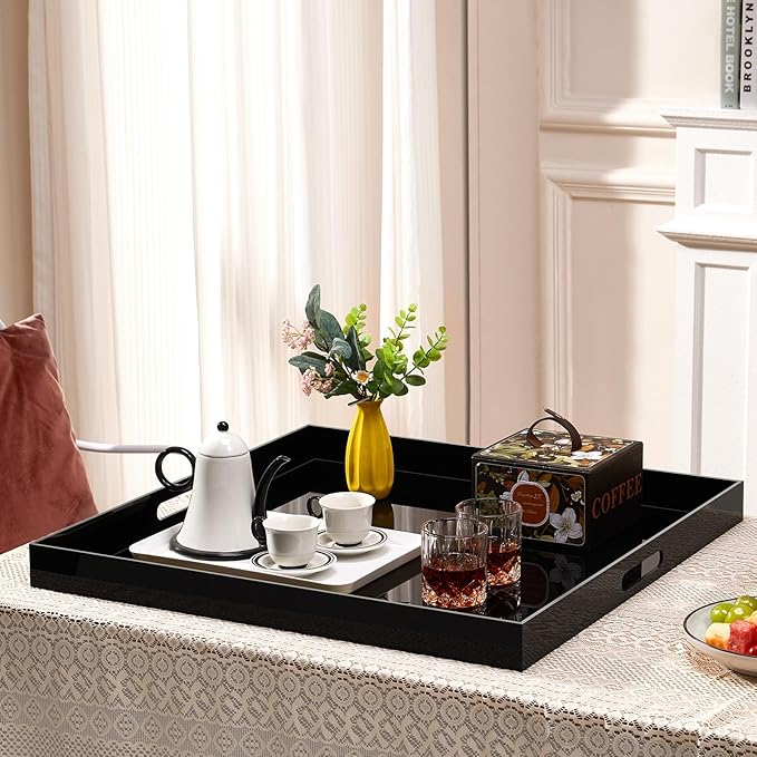 24×24 inches Oversized Black Acrylic Ottoman Tray Extra Large Decorative Tray Spill-Proof Serving Trays with Handles King-Size Safe Edge Organizer for Coffee Table Countertop Breakfast