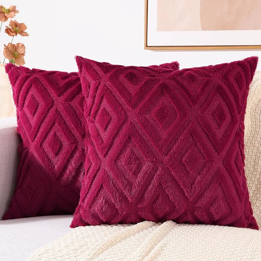 decorUhome Christmas Couch Throw Pillow Covers 22x22 Set of 2, Decorative Soft Plush Faux Wool Neutral Accent Pillow Covers for Bed Sofa Living Room, Burgundy
