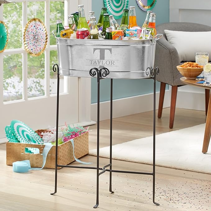 Let's Make Memories Personalized Beverage Tub w/Stand - Galvanized Beverage Tub - Customized Name & Initial – Drink Cooler - 5.5 Gallons