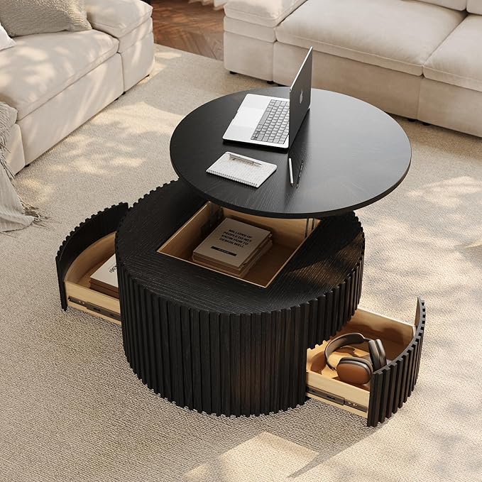 POVISON Round Coffee Table with Storage, Lift Top Coffee Table for Living Room, 39.37" Fluted Mid Century Modern Center Table for Home, Office, Black, Fully Assembled