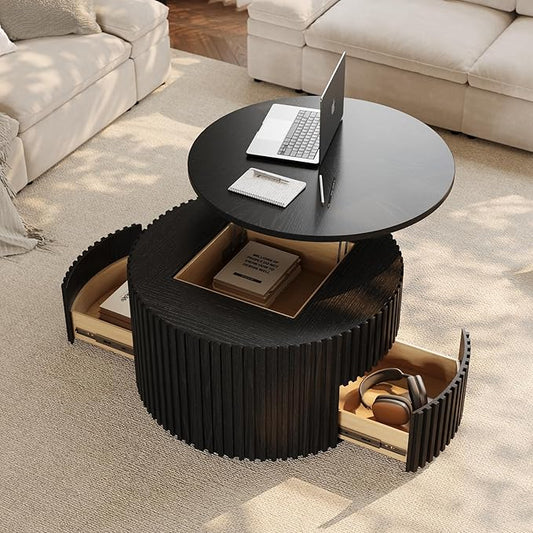POVISON Round Coffee Table with Storage, Lift Top Coffee Table for Living Room, 39.37" Fluted Mid Century Modern Center Table for Home, Office, Black, Fully Assembled
