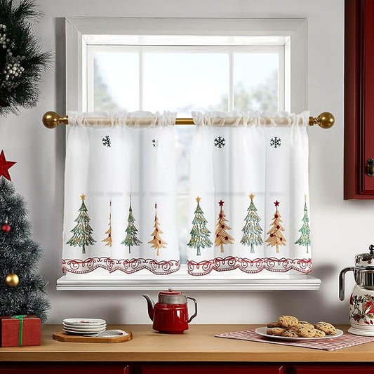 Deconovo Christmas Kitchen Tier Curtains, Embroidered Cafe Tiers, Semi Sheer Window Treatment with Rod Pocket, Light Filtering for Small Windows, Door & Sink Areas, 28W x 24L, Tree, 2 Panels
