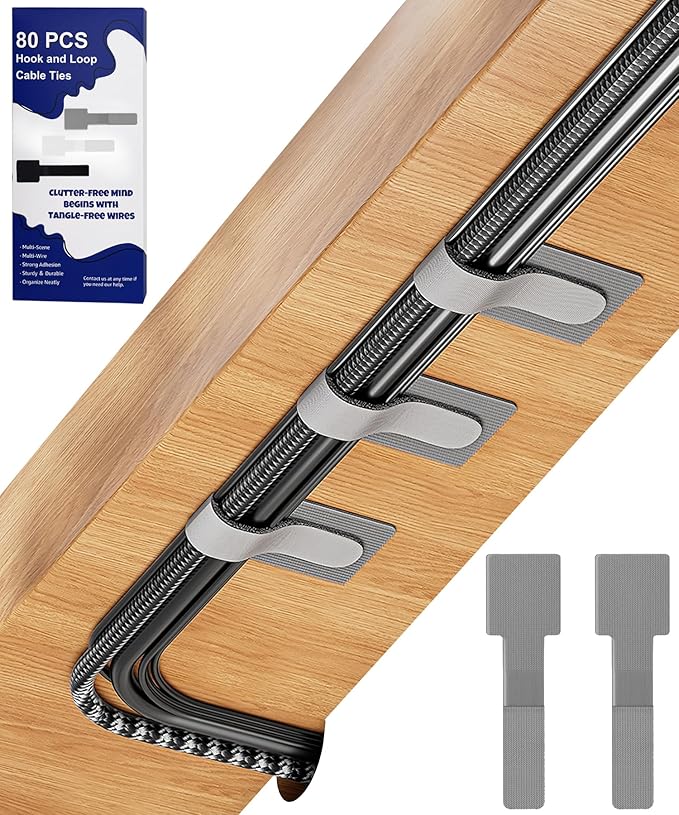 80PCS Hook and Loop Cable Ties, Hook and Loop Cable Straps, Under Desk Cable Management, Adhesive Cable Clips, Sticky-Back Cord Organizer for Desk, Household & Office Organization (Gray)