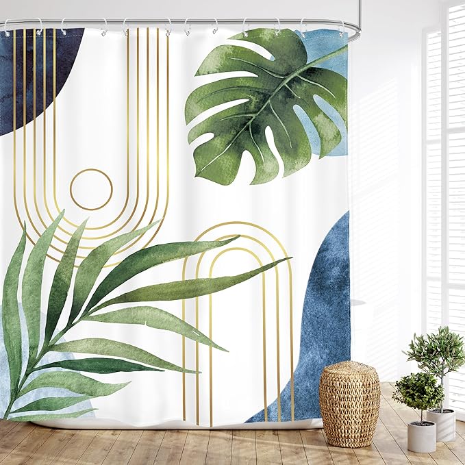 Glawry Boho Blue Green Shower Curtain Mid Century Abstract Tropical Palm Leaf Modern Minimalist Plant Botanical Bathroom Geometric 60Wx72L Inches Bath Accessories Art Home Decor Fabric 12 Pack Hooks