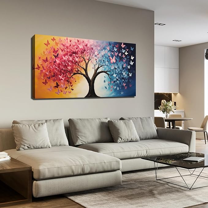 GUGIKA Tree Canvas Wall Art for Living Room, Pink Gold and Blue Butterflies Wall-Decor for Bedroom, Natural Pictures for Hallway Office, Size 48x24 Inches