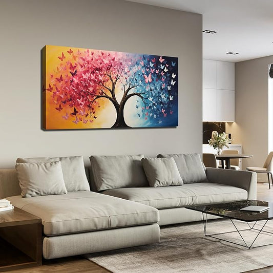 GUGIKA Tree Canvas Wall Art for Living Room, Pink Gold and Blue Butterflies Wall-Decor for Bedroom, Natural Pictures for Hallway Office, Size 48x24 Inches