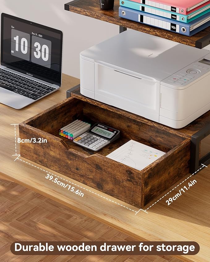 IBUYKE 2 Tier Desktop Printer Stand,Printer Table with Storage Shelf,Multi-Purpose Desk Organizer for Folders,Books,for Fax Machine, Scanner,Home Office,Brown TLJ015H