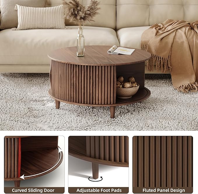 Round Coffee Table with Storage, 31.5" Center Table with Sliding Door,Fluted Small Coffee Table for Living Room,Walnut