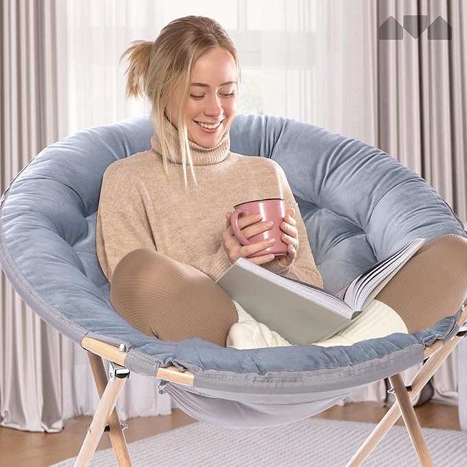 Milliard Cozy Chair/Velour Saucer Accent Chair for Bedroom/X-Large (Grey/Wood-Tone)