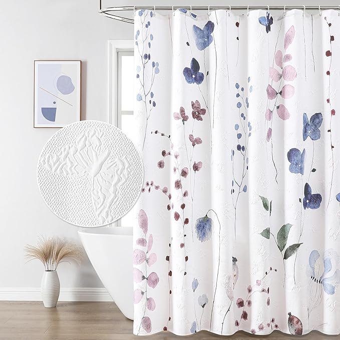 QIYI Watercolor Wildflowers Shower Curtain, Minimalist Floral Cloth Bath Curtain, 3D Embossed Butterflies Botanical Plants Flower Bathroom Decor, Waterproof Fabric Shower Curtain Set with Hooks, 72x72