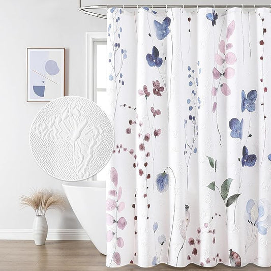 QIYI Watercolor Wildflowers Shower Curtain, Minimalist Floral Cloth Bath Curtain, 3D Embossed Butterflies Botanical Plants Flower Bathroom Decor, Waterproof Fabric Shower Curtain Set with Hooks, 72x72