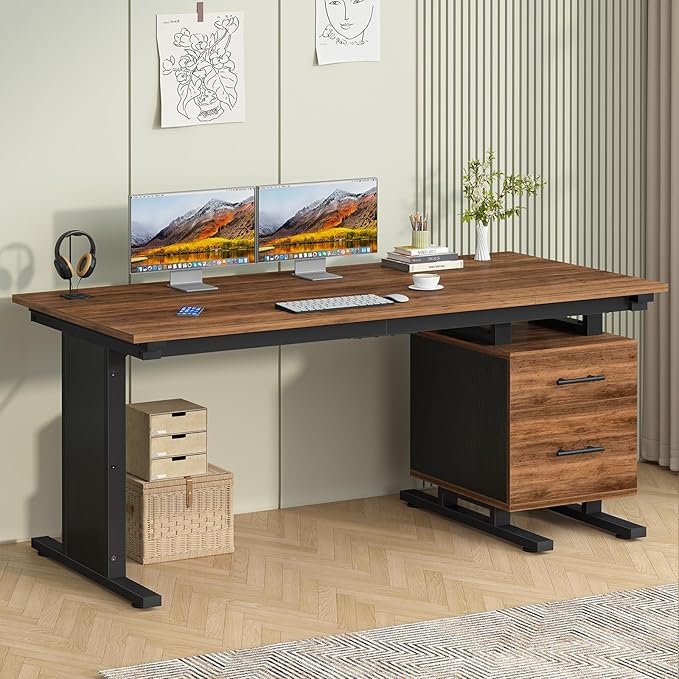 63 Inch Executive Computer Desk with Drawers, Large Office Desk with Storage, Industrial Writing Desk with File Drawer for Home Office, Brown