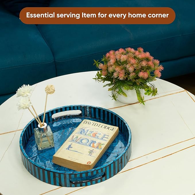 CLAYNIX Serving Tray 12.5 Inch, Lacquer Mother of Pearl Inlay Mosaic Tray, Round Wooden Marble Tray with Handles Trays for Tea, Breakfast (Dark Blue)