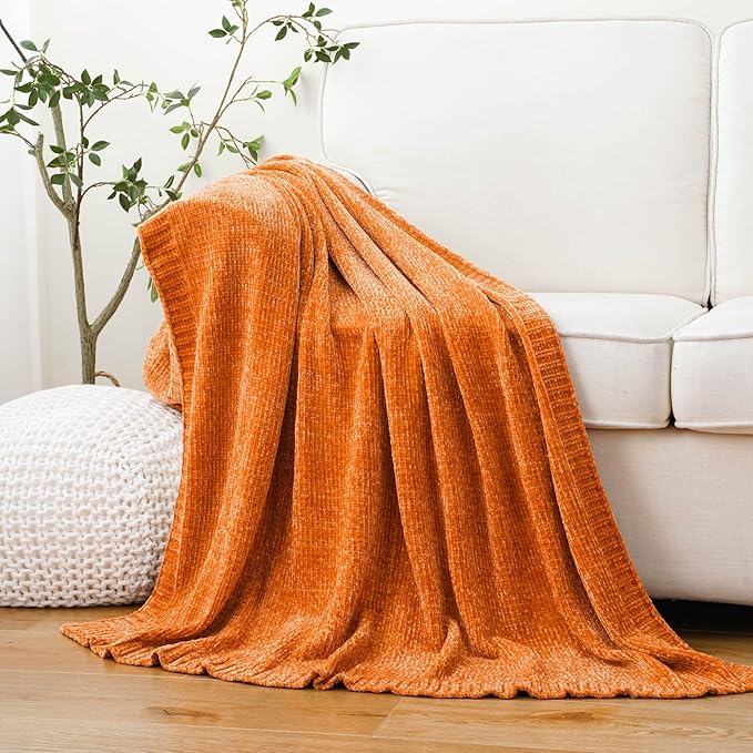 BATTILO HOME Orange Chenille Throw Blanket for Fall Decor, Fall Knit Throw Blankets, Soft Cozy Pumpkin Color Throw Blankets for All Seasons, 51"x67"