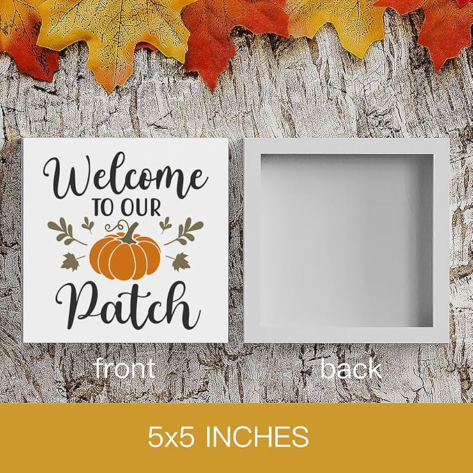 HTBIG Fall Wooden Box Sign, 5.1 X 5.1 Inch Pumpkin Autumn Wood Sign for Tiered Tray, Home Living Room Harvest Day Thanksgiving Tabletop Decor - Welcome to Our Pumpkin Patch
