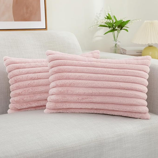 decorUhome Faux Fur Throw Pillow Covers 12x20 Set of 2, Decorative Soft Plush Striped Lumbar Neutral Couch Euro Pillow Covers with Velvet Back for Sofa, Bed, Living Room Home Decor, Pink