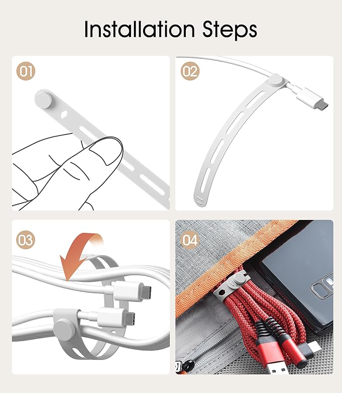 20Pcs Nearockle Silicone Cable Ties, 5.12 Inch Adjustable Cord Organizer Reusable Zip Ties for Charging Cords Earphone Computer Wire, Office Desk Cable Management Travel Accessories(White)