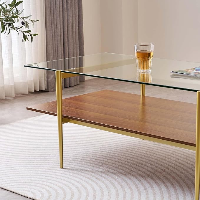 X-Large Rectangle Glass Coffee Table, Mid-Century Modern Design, for Living Room, L47 x W24 x H17 Inch, Clear Glass Top and Walnut MDF Shelf, Sleek Conical Legs with Gold Finish Frame