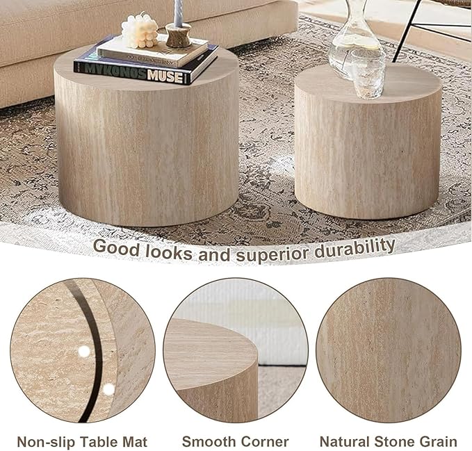 Modern Round Wooden Nesting Circle Coffee Table Set of 2 with Non-Slip Feet, Accent Side End Table, Saving Space Design and No Need Assembly,B