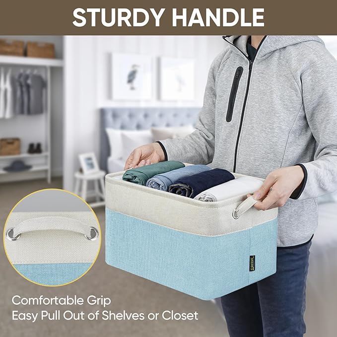 BALEINE 3 Pack Fabric Storage Bins for Shelves, Linen Storage Baskets for Organizing, Decorative Closet Bins for Clothes, Home (Skyblue, 15''x11''x9.5'')