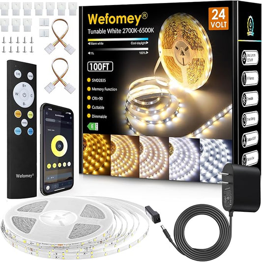 White LED Strip Lights, Upgraded 100ft Dimmable 2700K-6500K Bright 24V LED Light Strip with Remote and App Control, 1440 LEDs Flexible Tape Lights for Living Room, Bedroom, Kitchen, Ceiling
