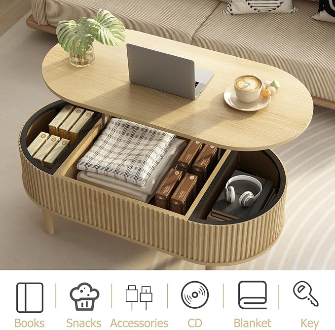 Ludatido 39 Inch Lift Top Coffee Table with 3 Storage for Living Room, Oval Coffee Table with Hidden Compartment, Fully Wooden Center Easy to Assembled for Home Living Room Office Burlywood
