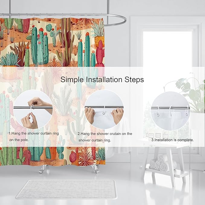 Domoku Multicolor Desert Cactus Shower Curtain Set - Western Prickly Shower Curtain, Southwest Plant Tropical Desert Style, Waterproof Fabric with 12 Hooks, 72 x 72 inches