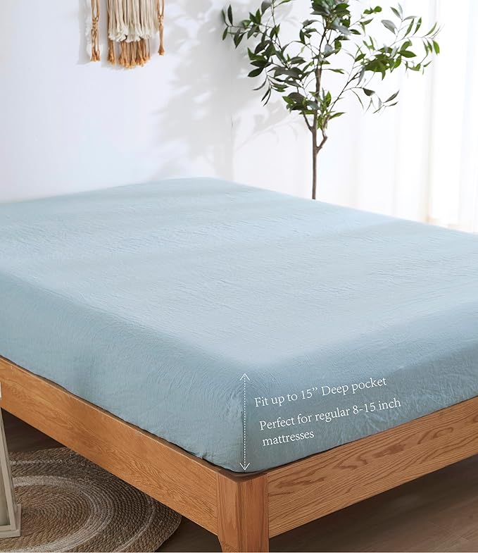 100% Linen Fitted Sheet Queen(1 Piece), 15 Inch Deep Pocket Mattress Cover French Flax Stone Washed Farmhouse Soft Breathable Bottom Sheets(Blue, Queen)