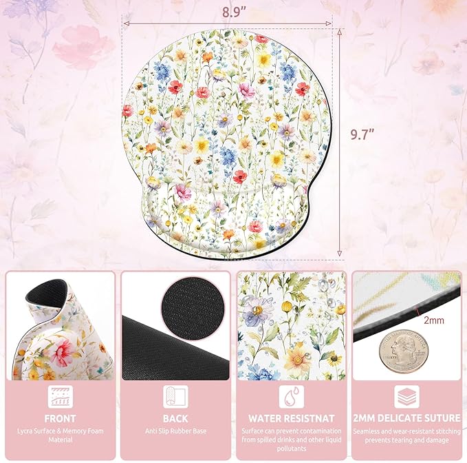 Ergonomic Mouse Pad with Wrist Rest, Small Mousepad with Non-Slip Rubber Base and Smooth Surface, Floral Mouse Pads for Desk, Office Desk Accessories