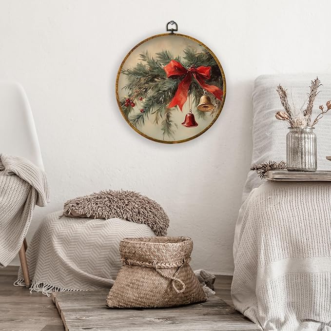 XPH Rustic Christmas Round Wall Art Framed, Winter Coquette Red Bow Bell Botanical Circle Wall Decor, Farmhouse Christmas Hanging Canvas Prints for Home Bedroom Living Room Decoration, 10x10 Inch