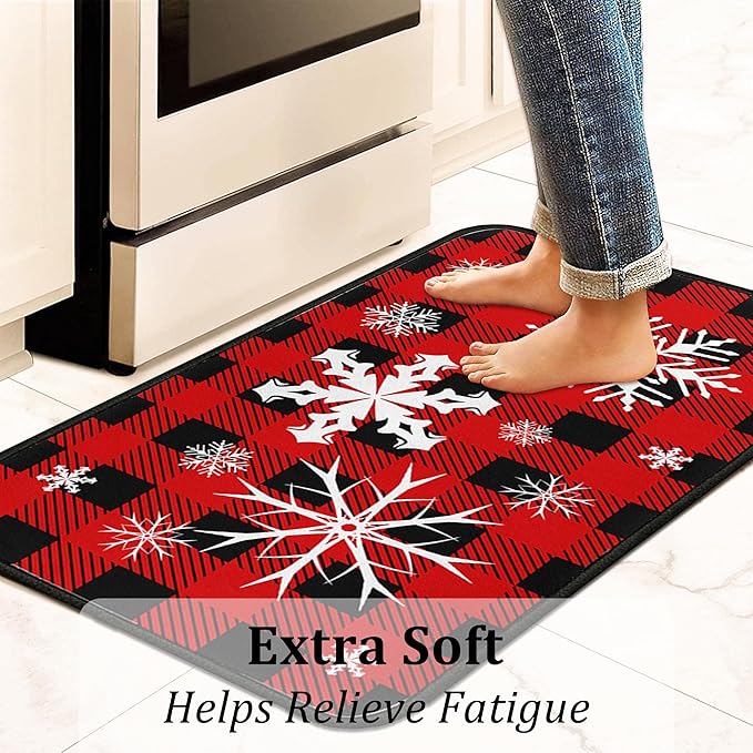 Buffalo Plaid Christmas Kitchen Rugs and Mats Set of 2 PCS, Xmas Snow Winter Holiday Party Low-Profile Floor Mat Merry Christmas Decorations for Home Kitchen - 17"x47"+17"x30"