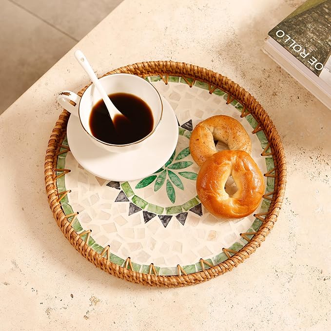 Round Rattan Tray with Mother of Pearl Inlay & Wooden Base - Decorative Wicker Serving Tray for Coffee/Bread/Fruits, Food Storage & Display - Multipurpose Home Decor (M,Bohemia)